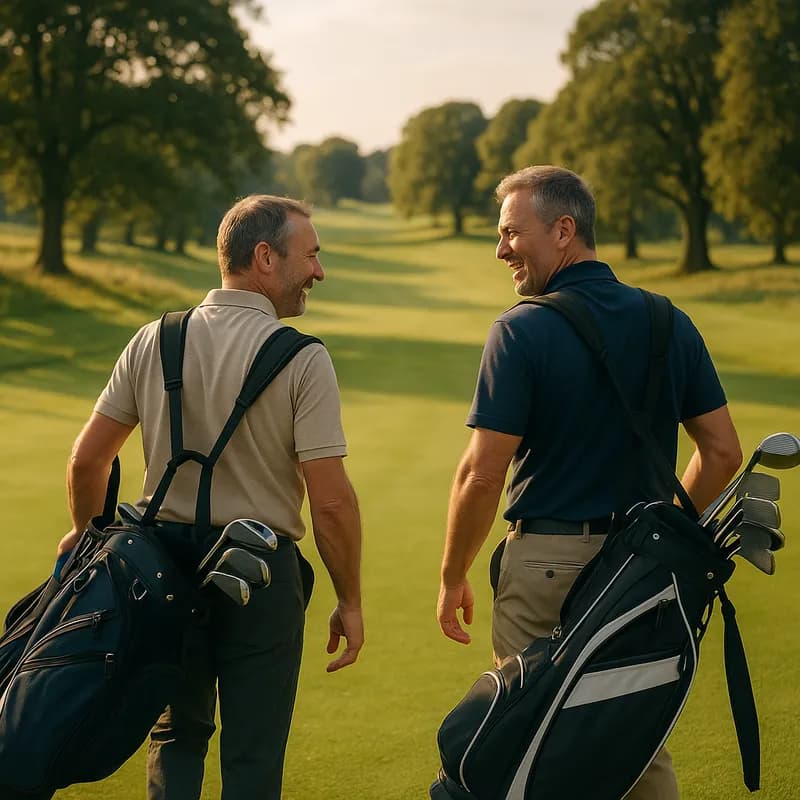 Two golfers walking on a fairway